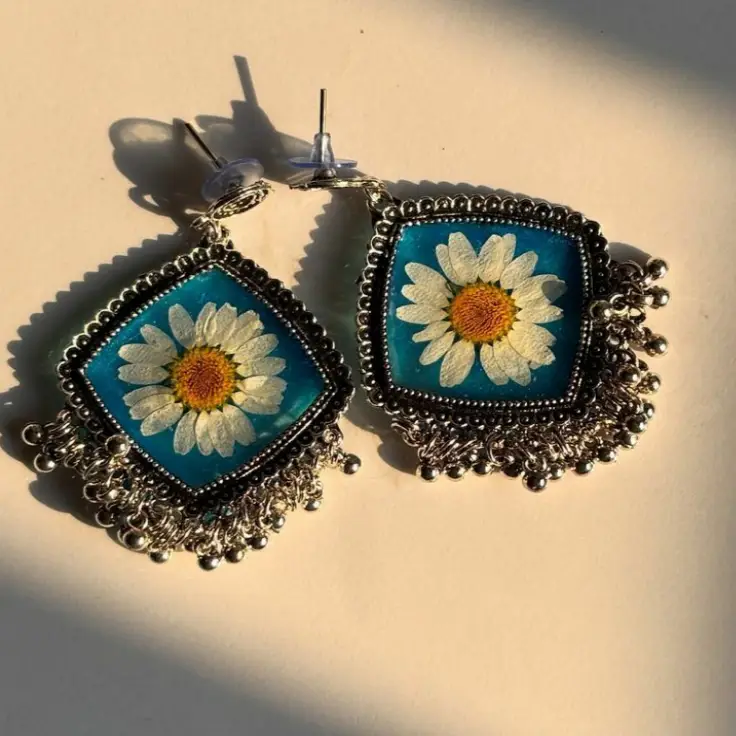Handmade Resin Jhumka Earrings with Real Daisy Flower | Boho Floral Jewelry | Lightweight Ethnic Statement Earrings for Women